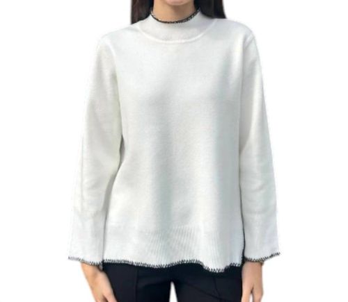 High-Low Mock Neck Sweater With Stitched Trim In Snow And Black