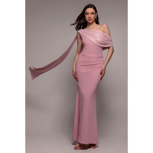 Goddiva Lurex Pleated Bardot One Shoulder Cape Maxi Dress - Blush Pink