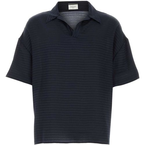 Saint Laurent Navy Blue Silk Oversize Polo Shirt