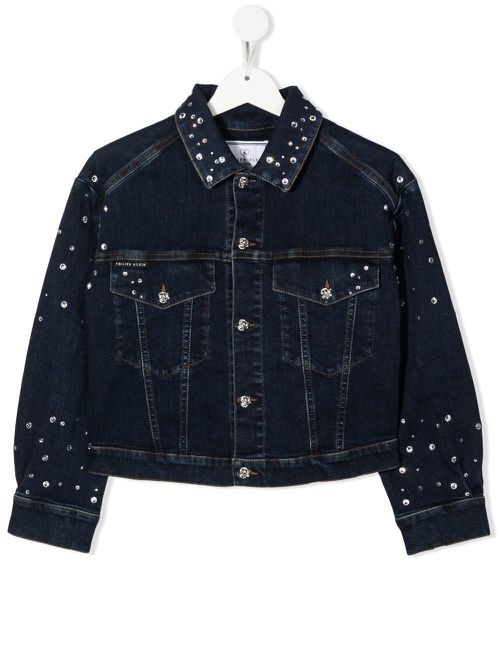 Crystal-embellished four-pocket denim jacket - Blue