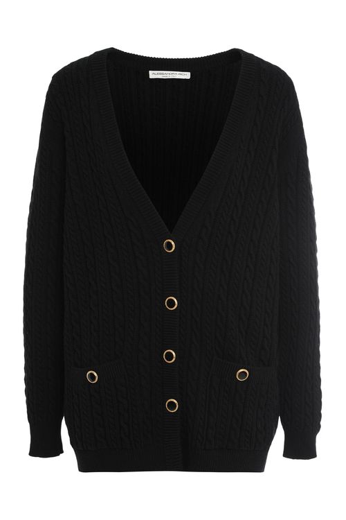 Cable Knit Wool Cardigan with V-Neck and Button Front