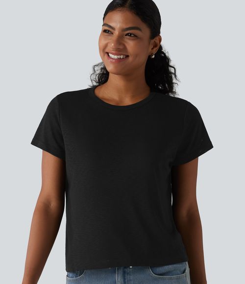 Round Neck Short Sleeve Casual T-Shirt  - Black