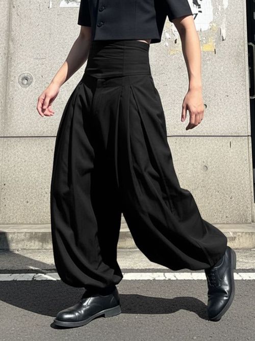 Men's Solid Color Pleated High Waist Loose Fit Pant SKUL50076 - Black / S