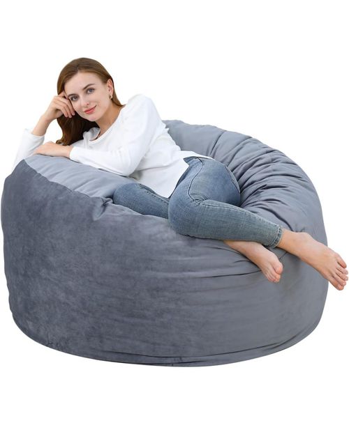 48" Giant Bean Bag Chair, Memory Foam, Plush Velvet, Washable Cover for Adults/Kids - Grey