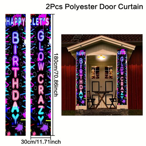 TEMU 2d Door Banner 2pcs Neon Glow Birthday Door Banners - Vibrant Fluorescent Hanging Flags For Outdoor Party Decor, Noctilucent Porch Signs With
