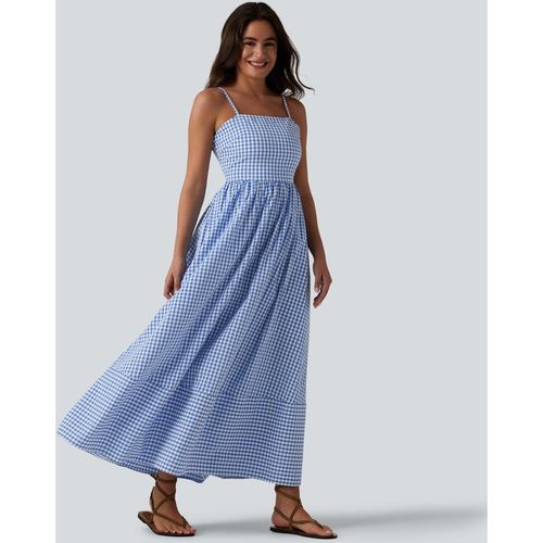 Halara Invisible Zipper Gingham Flowy Maxi Casual Slip Dress with Pockets - Blue White Bubble Grid