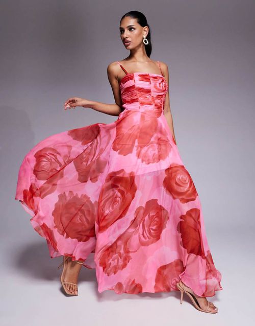 Ever New ruched body sheer maxi dress in red floral