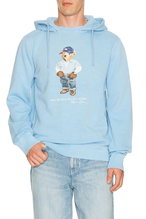 Polo Ralph Lauren Long Sleeve Vintage Fleece Novelty Denim Bear Hoodie in Chambray Blue Denim Bear - Blue. XXL/2X also in M, L, XL/1X