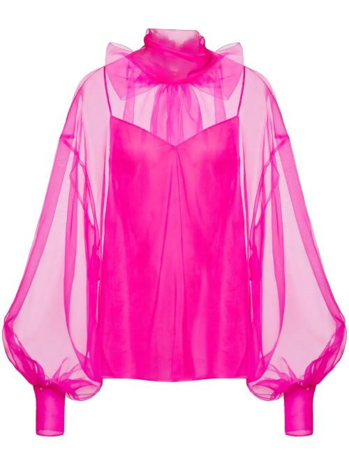 Bow-Detail Organza Silk Blouse — Pink