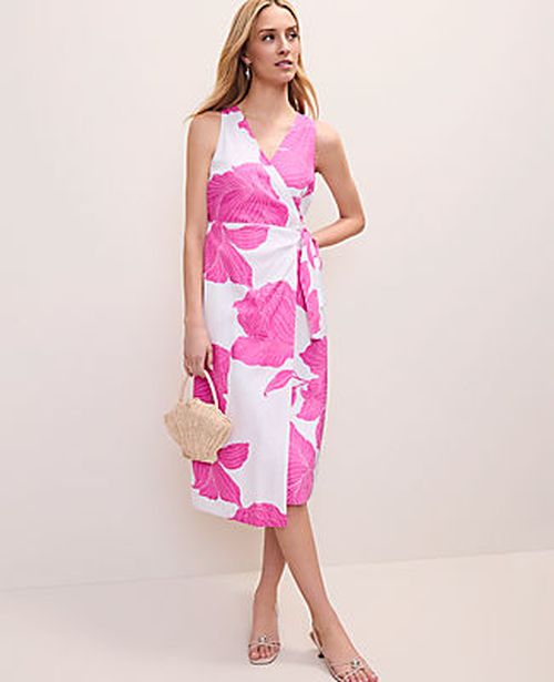 Ann Taylor Floral Midi Wrap Dress in Linen Blend