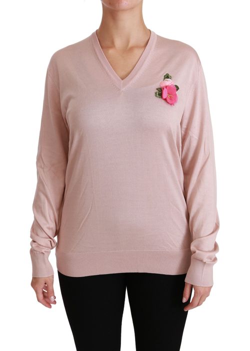 Floral-Embellished Silk Sweater — Pink