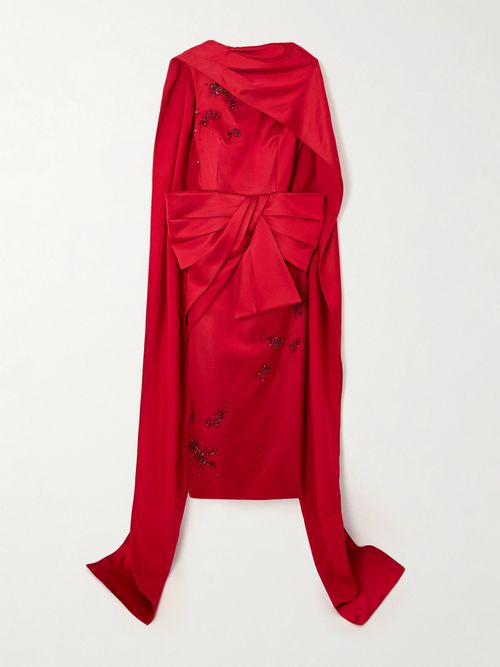 Draped Cape-effect Embellished Satin Gown - Red