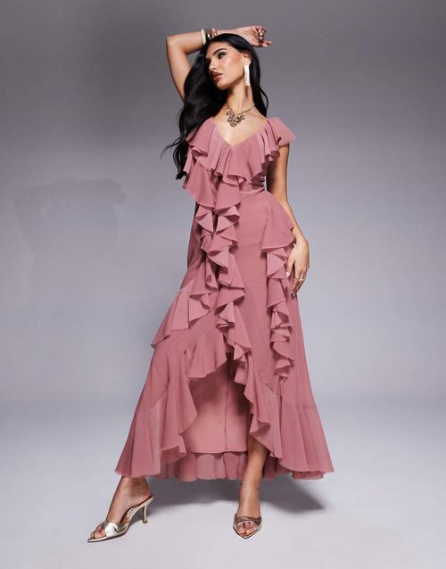 ASOS DESIGN ruffle bias maxi dress with open back in rose pink