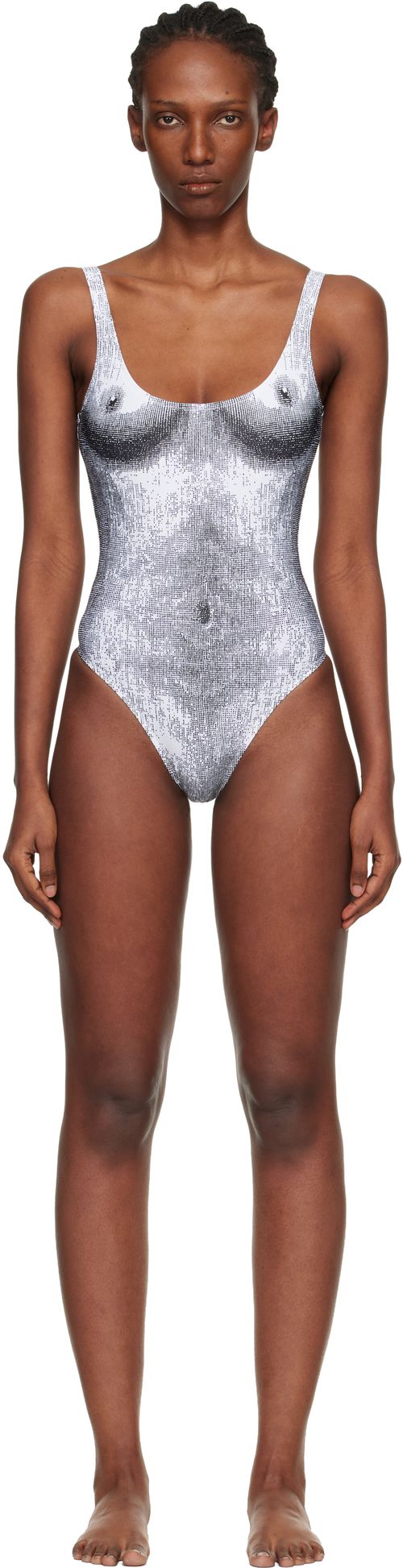 White & Black Printed Lycra One-Piece Swimsuit