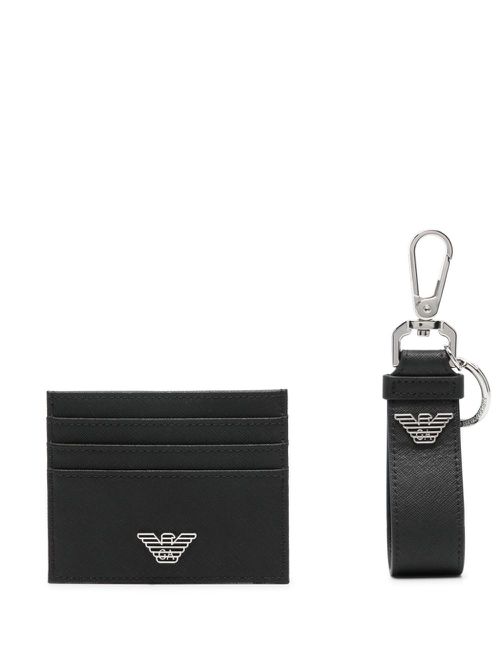 Logo-plaque leather wallet set - Black