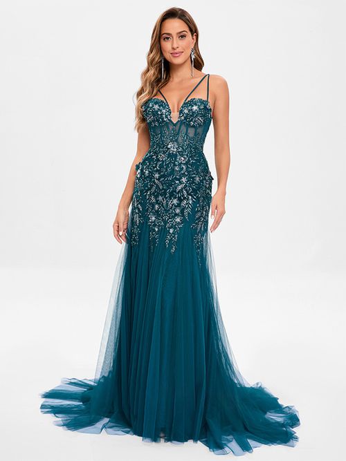 Prom Dress Tulle Strapless Mermaid Sleeveless Sequins Party Dresse