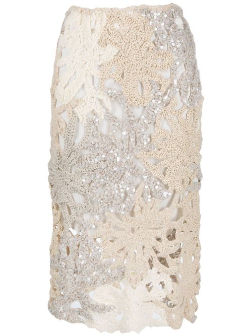 Embellished crochet-knit skirt - Neutrals