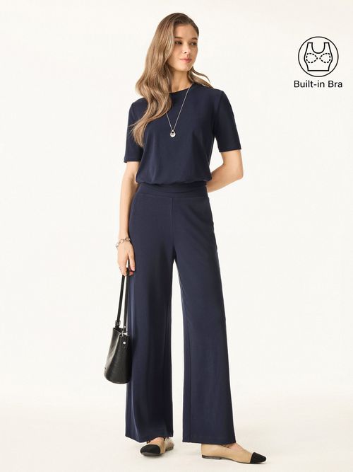 2Pcs Set Petite Mid Rise Wide Leg Pants with Pockets & Crewneck Brami with Banded Hem - Smoky Navy / XS