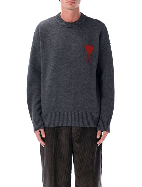 Men's Wool Crewneck Sweater with Ami OF Coeur Chest Intarsia