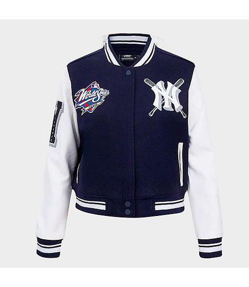 Women's New York Yankees MLB Mash Up Rib Wool Varsity Jacket in Midnight Navy/White