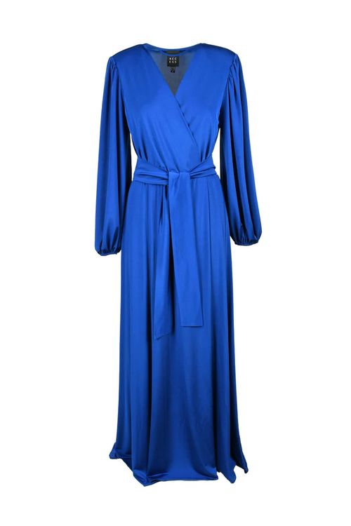 Midi-Length Wrap Dress with Puffed Sleeves