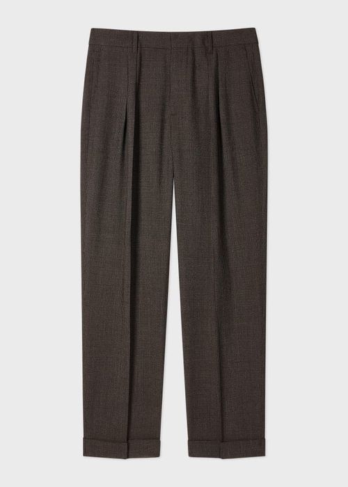 Brown Check Two-Ply Merino Pleated Trousers Grey