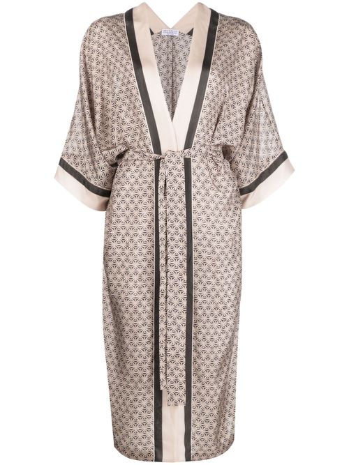 Geometric-print silk wrap coat - Neutrals