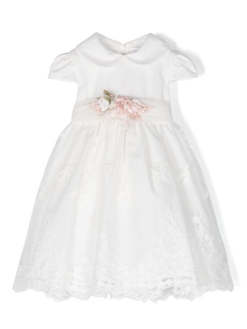 Floral-embroidered tulle tiered dress - White