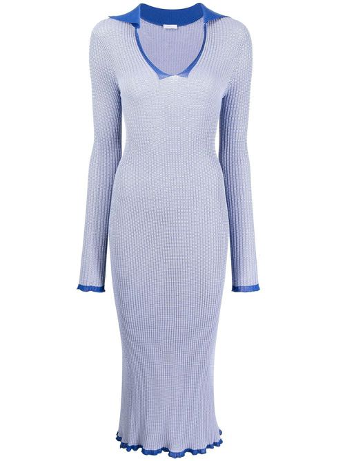 Ribbed-knit long-sleeve midi dress - Blue
