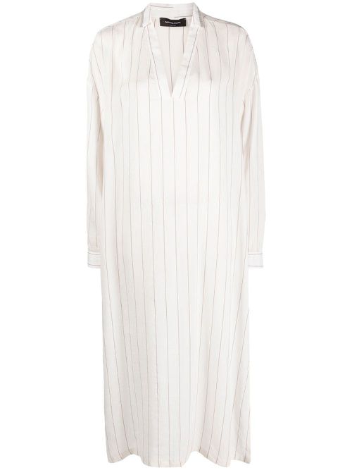 Striped long-sleeved kaftan dress - White