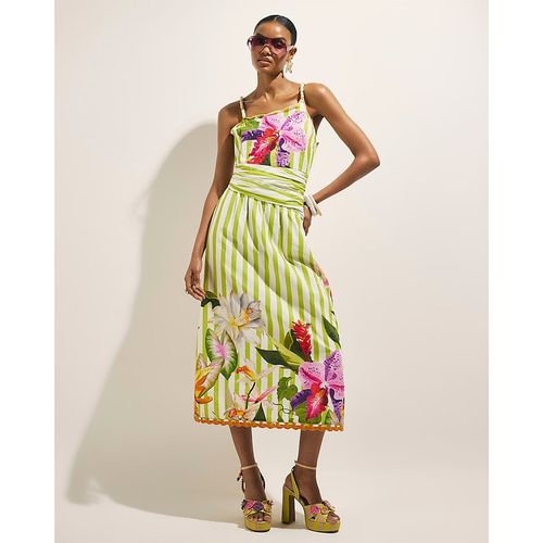 River Island Womens Midi Dress Green Striped Beaded Floral Del Maar Cotton