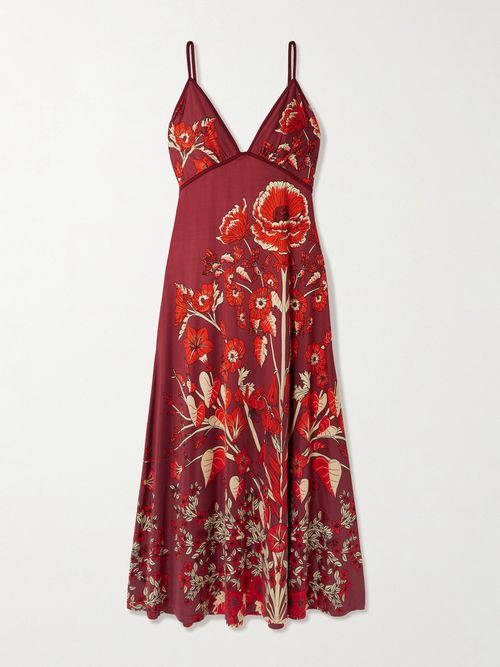 Sendero De Astromelias Floral-print Stretch-jersey Maxi Dress - Red