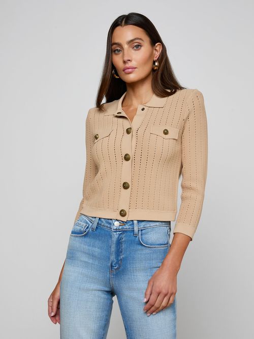 Risa Collared Cardigan In Light Almond/gold