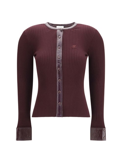 Vinyl and Ribbed Knit Cardigan — Burgundy
