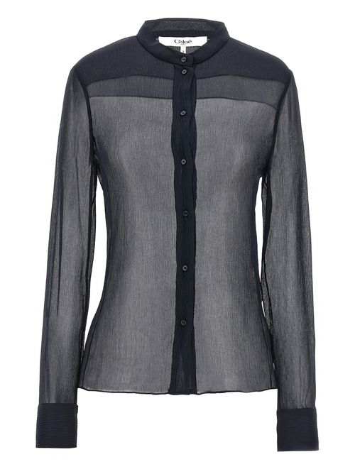 -Pleated Silk Shirt Camicie Blu-Donna