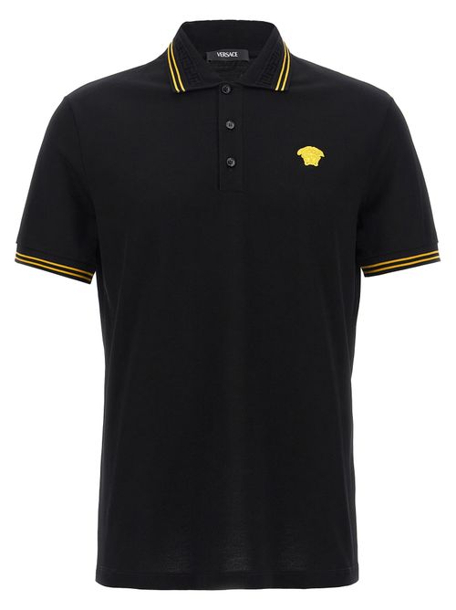 Medusa Logo Cotton Piqué Polo Shirt — Black