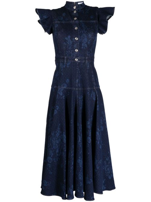 Ruffle-detail denim midi dress - Blue