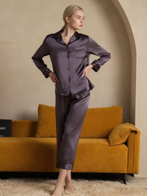 Women's 100% Mulberry Silk Long Sleeve Button Up Pajamas Set