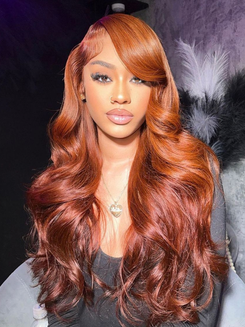 [18"-22''] 7x5 Bye Bye Knots Red Orange Highlights Lace Wig with Face Framing Layers Loose Wave Wig
