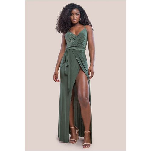 Wrap Front Maxi Slip Dress With Waist Tie-Up - Olive Green by City Godde