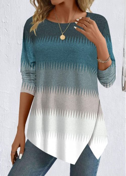 Modlily Peacock Blue Patchwork Striped Long Sleeve T Shirt