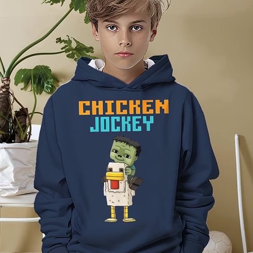 TEMU Chicken Chicken Knight Print Boys' Simple Versatile Hoodie - Casual Round Neck Long Sleeve Pullover, 95% Polyester & 5% Spandex Knit Fabric
