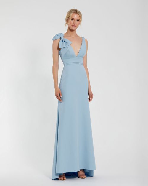 Light Blue Sleeveless V Neck Bow Detail Mermaid Wedding Guest Gown In