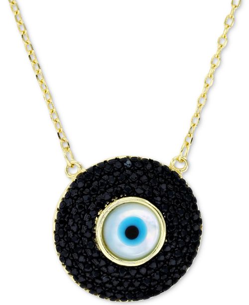 "Cubic Zirconia & Enamel Evil Eye Pendant Necklace in 14k Gold-Plated Sterling Silver, 16"" + 1"" extender - Black"