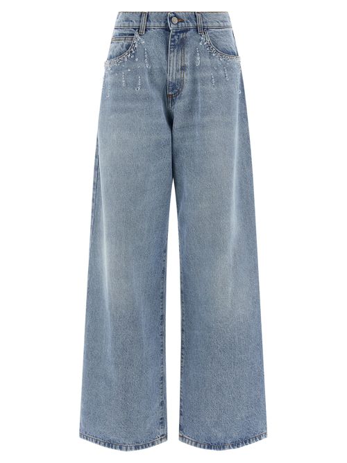 Crystal-Embellished Denim Jeans — Blue