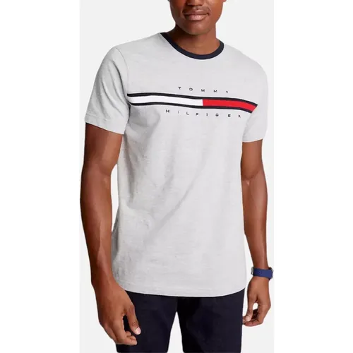 Men's Tommy Hilfiger Mens T Shirts Crew Neck Signature Stripe Summer Cotton Tino Tee - Grey