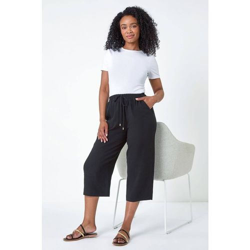 Roman Women's Petite Linen Blend Wide Cropped Trousers in Black