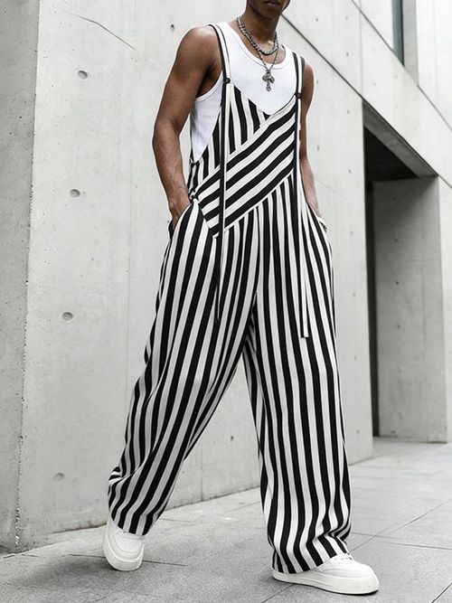 Men's Striped Contrast Color Casual Jumpsuit SKUL59515 - Black / S