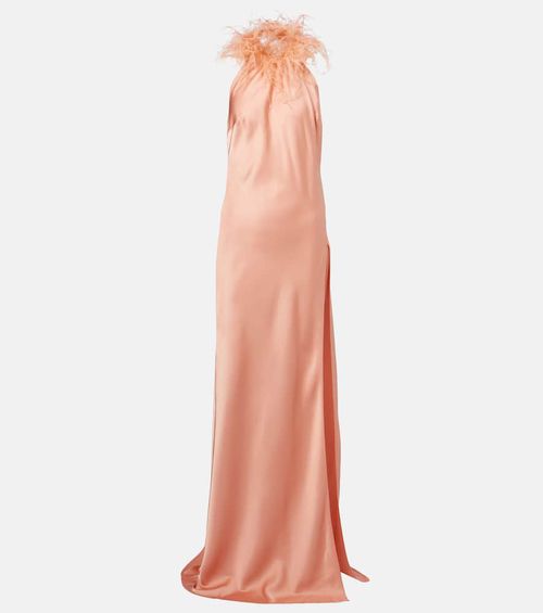 Jazzy feather-trimmed satin gown