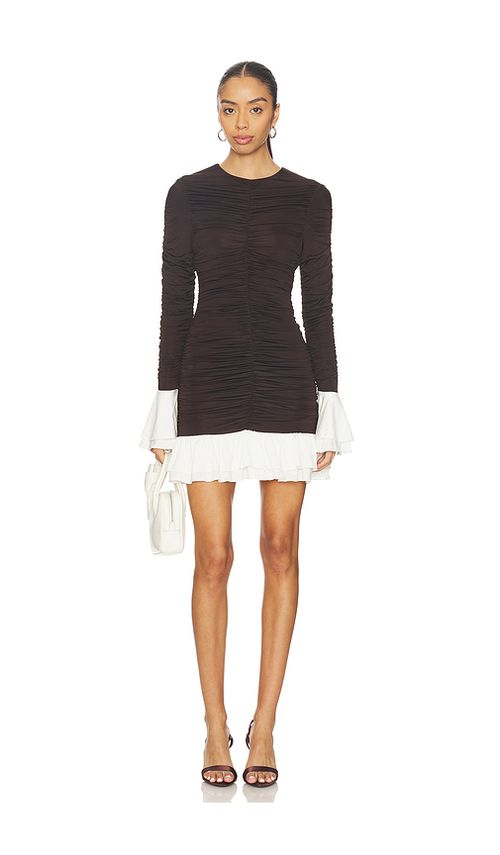 ROTATE Mini Ruched Long Sleeve Dress in Chicory Coffee Combo. 32 also